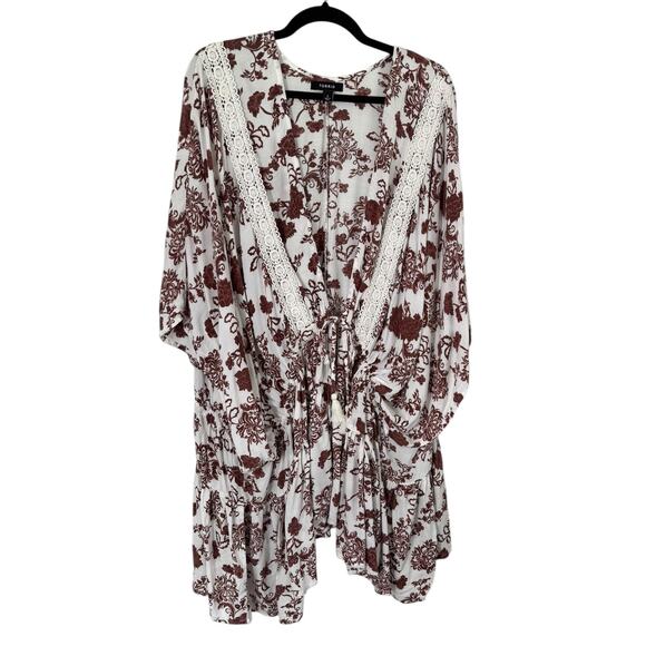 Torrid Lace Trim Tie Waist Kimono Brown White Floral 5X Spring Summer Boho - Picture 3 of 7